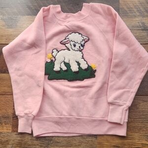 Vintage Girls Sweater Top Clothing Cute Lamb Sheep Pink Animal 3D Rare OOAK